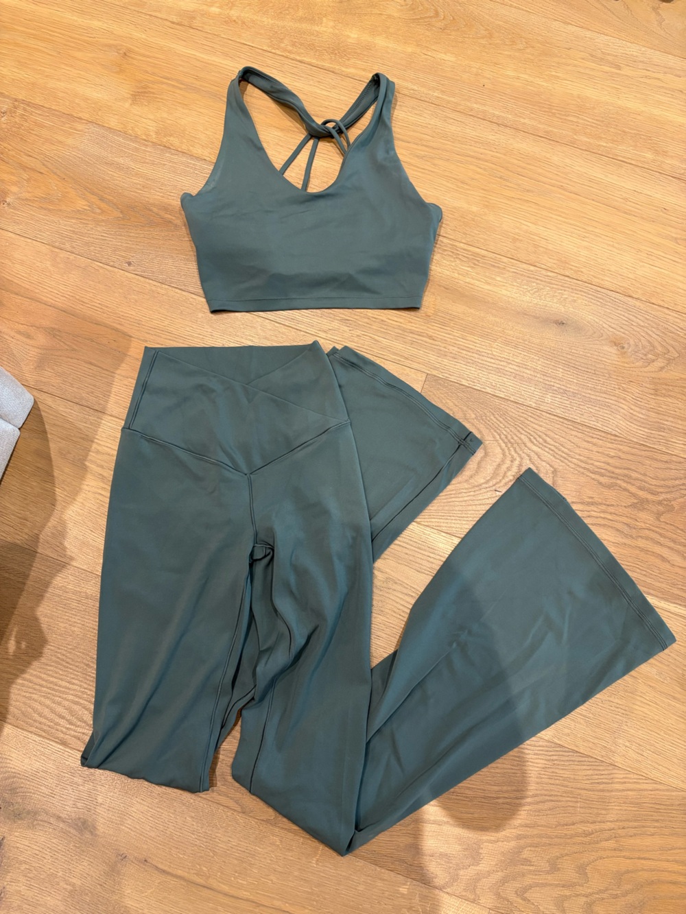 Aerie High-Waisted Crossover Flare Leggings + Matching Sports Bra in Sage Green